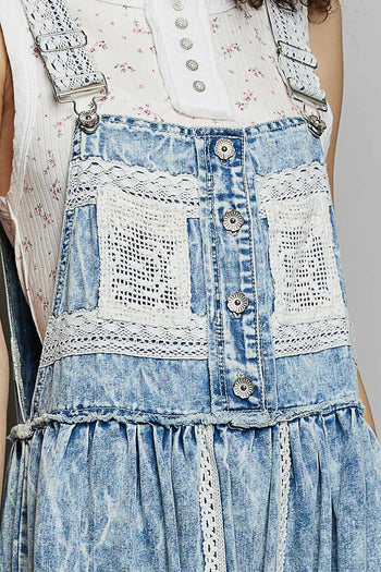 POL Denim Overall Dress with Lace and Crochet Details in Denim M at June Adel