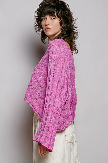 POL CROPPED Twisted Cable Thin Sweater in Berry Pink