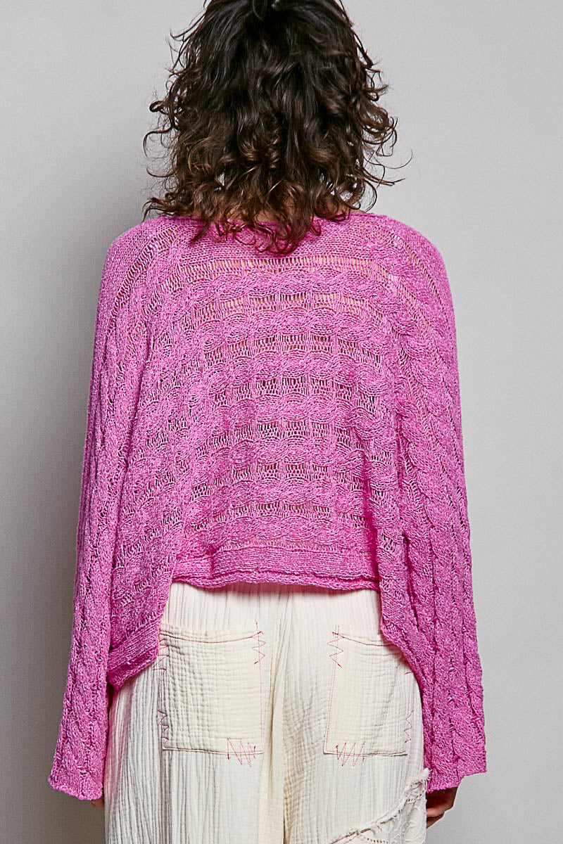 POL CROPPED Twisted Cable Thin Sweater in Berry Pink – June Adel