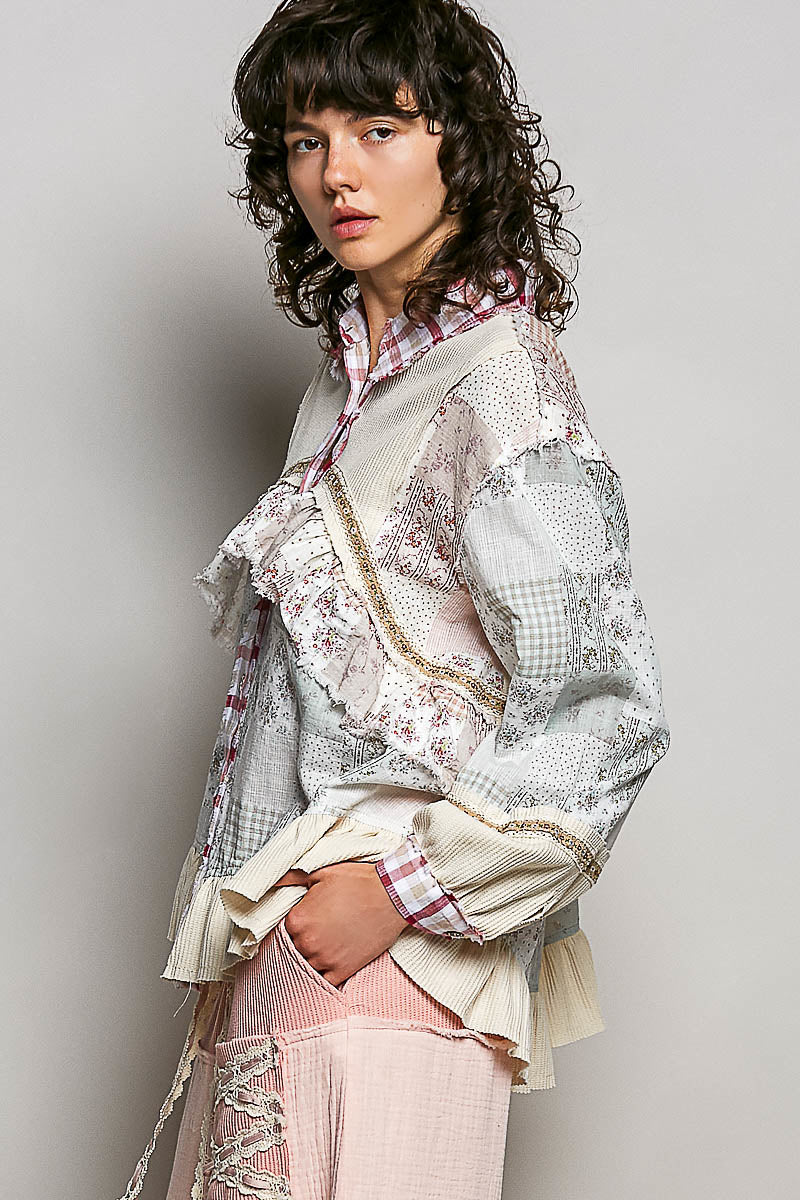POL Mixed Prints and Ruffle Detailed Top in Cream/Red Multi – June