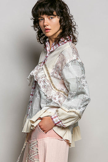 POL Mixed Prints and Ruffle Detailed Top in Cream/Red Multi