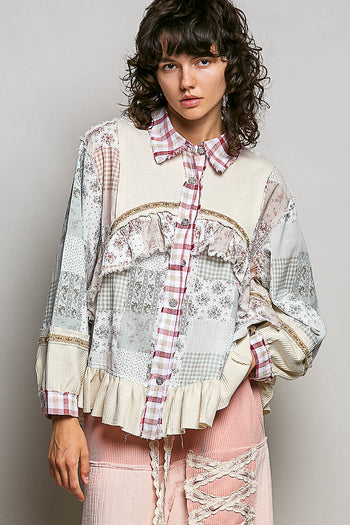POL Mixed Prints and Ruffle Detailed Top in Cream/Red Multi