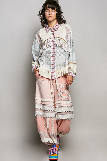POL Mixed Prints and Ruffle Detailed Top in Cream/Red Multi