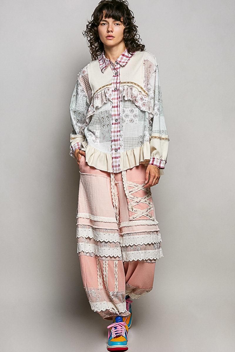 POL Mixed Prints and Ruffle Detailed Top in Cream/Red Multi – June