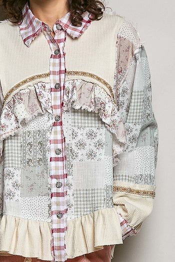 POL Mixed Prints and Ruffle Detailed Top in Cream/Red Multi
