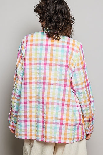 POL Sunset Paradise Embroidered Plaid Shirt in Pink Multi