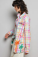 POL Sunset Paradise Embroidered Plaid Shirt in Pink Multi