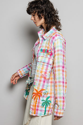 POL Sunset Paradise Embroidered Plaid Shirt in Pink Multi