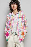POL Sunset Paradise Embroidered Plaid Shirt in Pink Multi