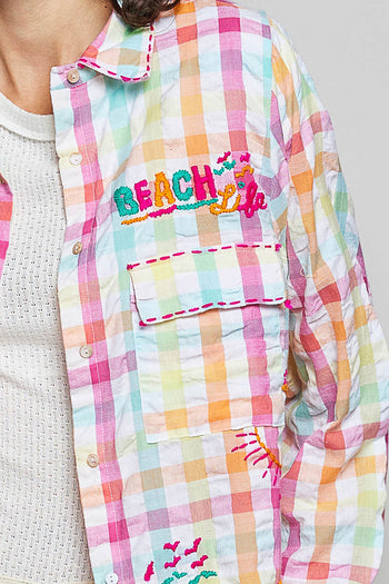 POL Sunset Paradise Embroidered Plaid Shirt in Pink Multi