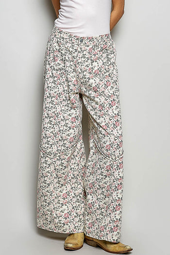 POL Floral Print Pants with Studded Details in Cream Floral