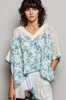 POL Printed Gauze and Lace OVERSIZED Top in Cream/Sage Multi