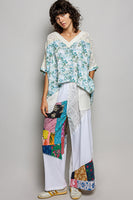 POL Printed Gauze and Lace OVERSIZED Top in Cream/Sage Multi