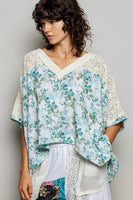POL Printed Gauze and Lace OVERSIZED Top in Cream/Sage Multi