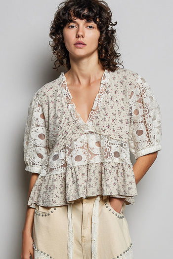 POL Ribbed Floral and Lace Detailed Top in Taupe