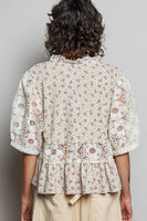 POL Ribbed Floral and Lace Detailed Top in Taupe
