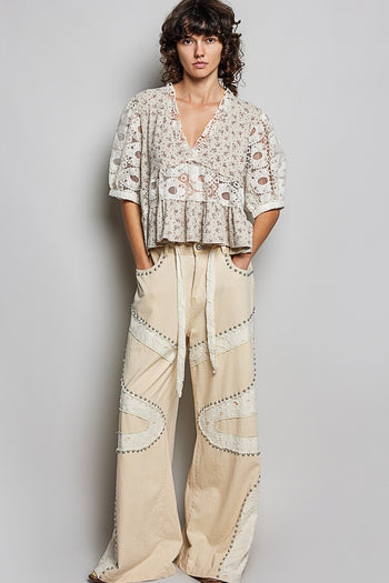 POL Ribbed Floral and Lace Detailed Top in Taupe