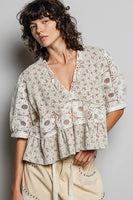 POL Ribbed Floral and Lace Detailed Top in Taupe