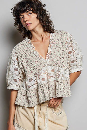 POL Ribbed Floral and Lace Detailed Top in Taupe