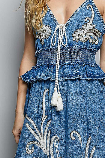 POL Embroidered Dress in Deep Denim