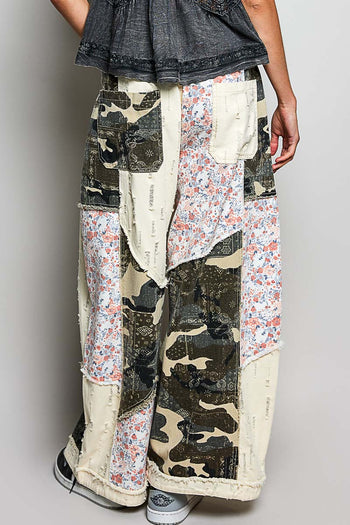 POL Twill Mixed Patchwork Pants in Camo Multi