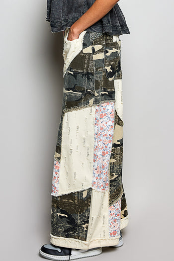 POL Twill Mixed Patchwork Pants in Camo Multi