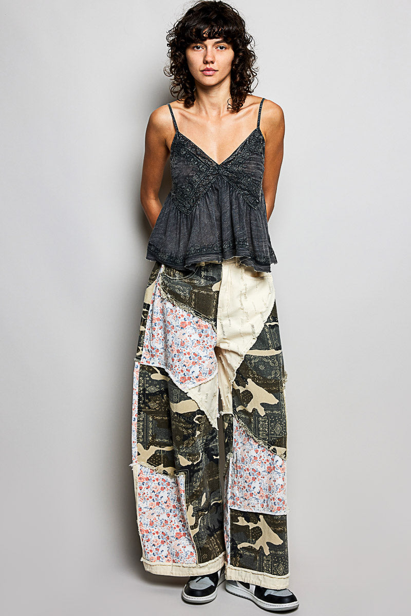 POL Twill Mixed Patchwork Pants in Camo Multi – June Adel