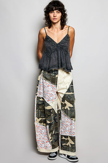 POL Twill Mixed Patchwork Pants in Camo Multi