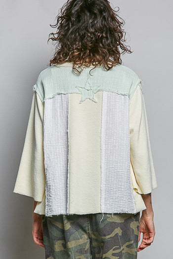 POL Thermal Knit and Stripe Top with Star Patches in Beige Stripe