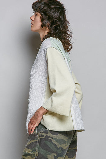 POL Thermal Knit and Stripe Top with Star Patches in Beige Stripe