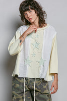 POL Thermal Knit and Stripe Top with Star Patches in Beige Stripe