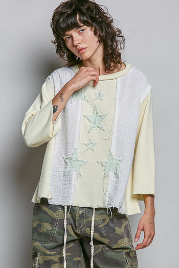 POL Thermal Knit and Stripe Top with Star Patches in Beige Stripe