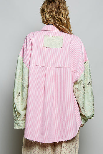 POL Stiped Twill Top with Crochet Embroidery in Pink Stripe Multi