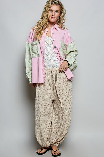 POL Stiped Twill Top with Crochet Embroidery in Pink Stripe Multi