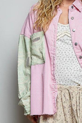 POL Stiped Twill Top with Crochet Embroidery in Pink Stripe Multi