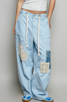 POL Striped Twill Barrel Pants with Mixed Patches in Denim Striped