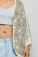 POL Open Front Floral Crochet Dolman Cardigan in Sage Multi