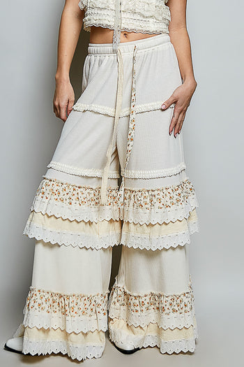 POL Thermal Knit Ruffle Tiered Pants in Cream