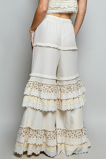 POL Thermal Knit Ruffle Tiered Pants in Cream