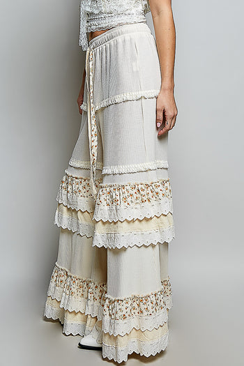 POL Thermal Knit Ruffle Tiered Pants in Cream