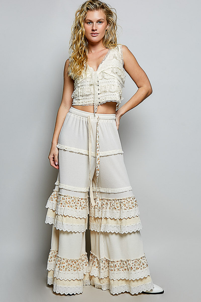 POL Thermal Knit Ruffle Tiered Pants in Cream – June Adel