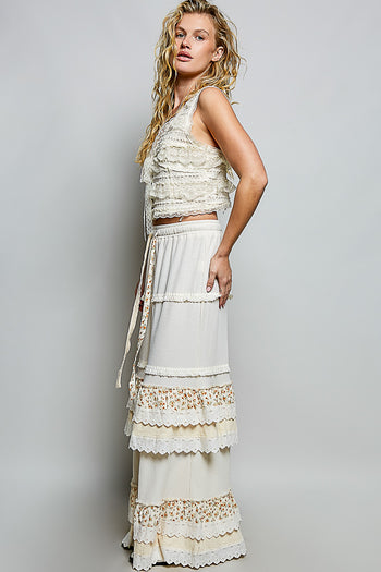 POL Thermal Knit Ruffle Tiered Pants in Cream