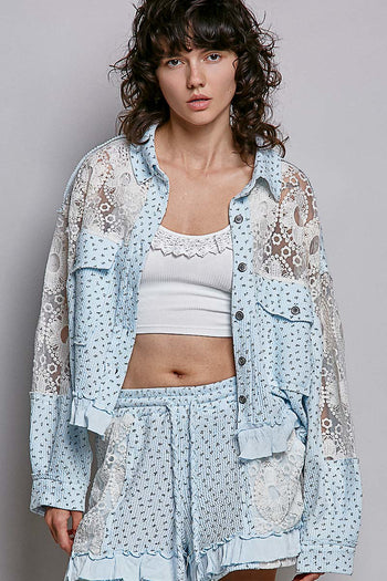 POL Floral Print Gauze and Lace Jacket in Sky Blue Floral ON ORDER