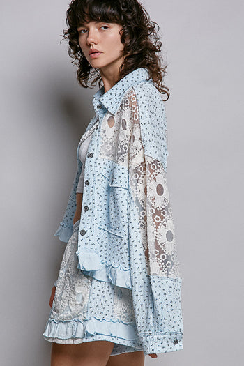 POL Floral Print Gauze and Lace Jacket in Sky Blue Floral ON ORDER