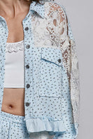 POL Floral Print Gauze and Lace Jacket in Sky Blue Floral ON ORDER