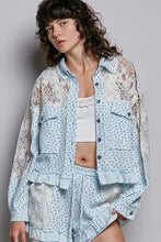 Load image into Gallery viewer, POL Floral Print Gauze and Lace Jacket in Sky Blue Floral ON ORDER
