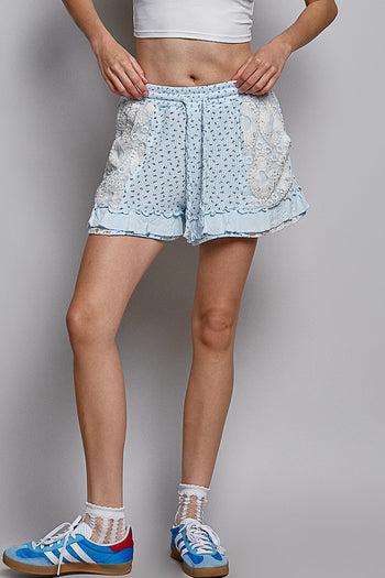 POL Floral Print Gauze and Lace Shorts in Sky Blue Floral ON ORDER