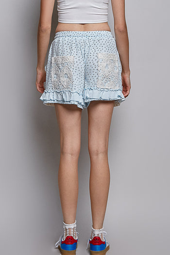 POL Floral Print Gauze and Lace Shorts in Sky Blue Floral ON ORDER