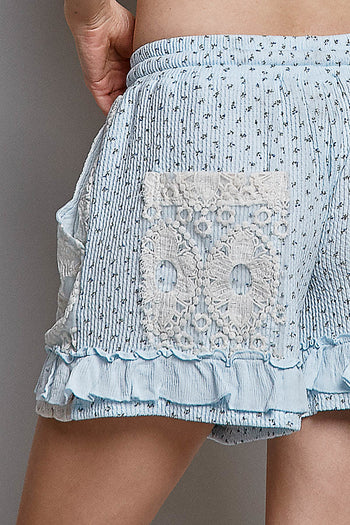 POL Floral Print Gauze and Lace Shorts in Sky Blue Floral ON ORDER