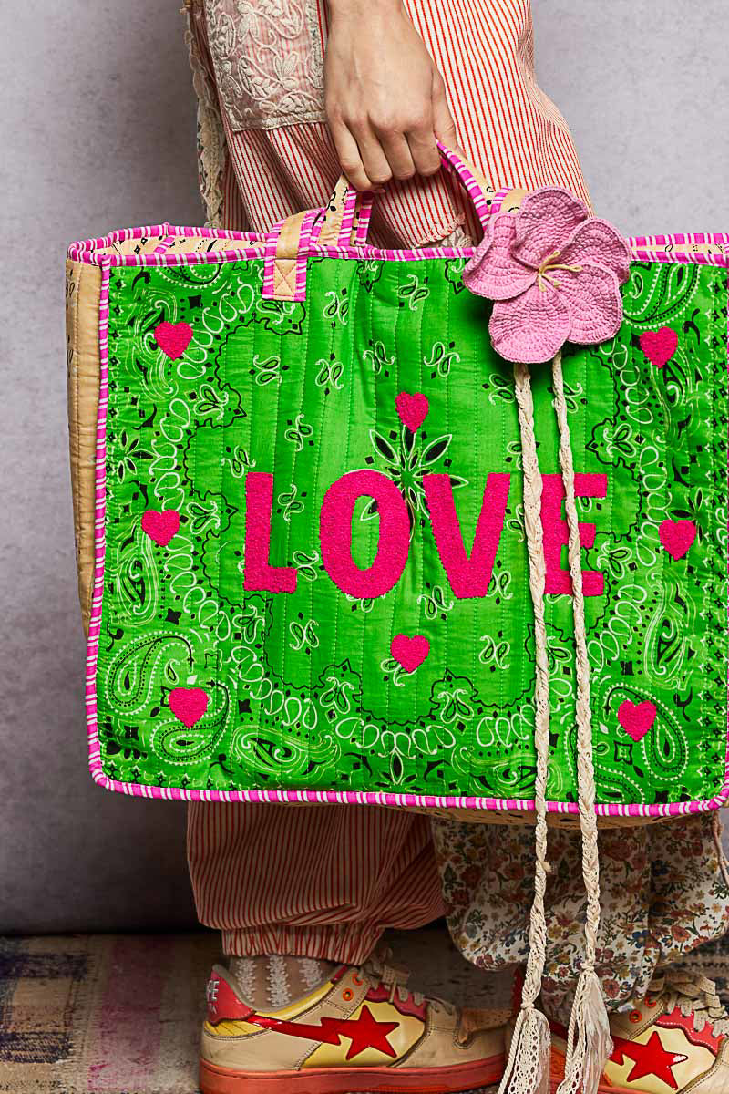 POL Quilted LOVE Tote in Green Multi ON ORDER – June Adel